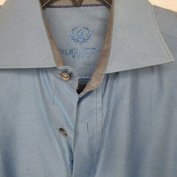 Bugatchi Uomo Blue Grey Mens Embroidered Shaped Fit Button Up Shirt - Picture 3 of 12
